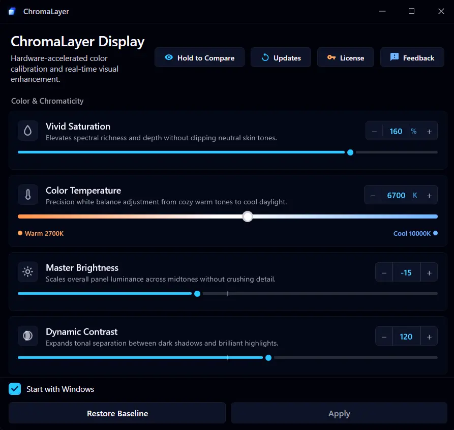 The ChromaLayer window: vibrancy, colour temperature, brightness and contrast sliders, with Hold to Compare, Updates, License and Feedback buttons.